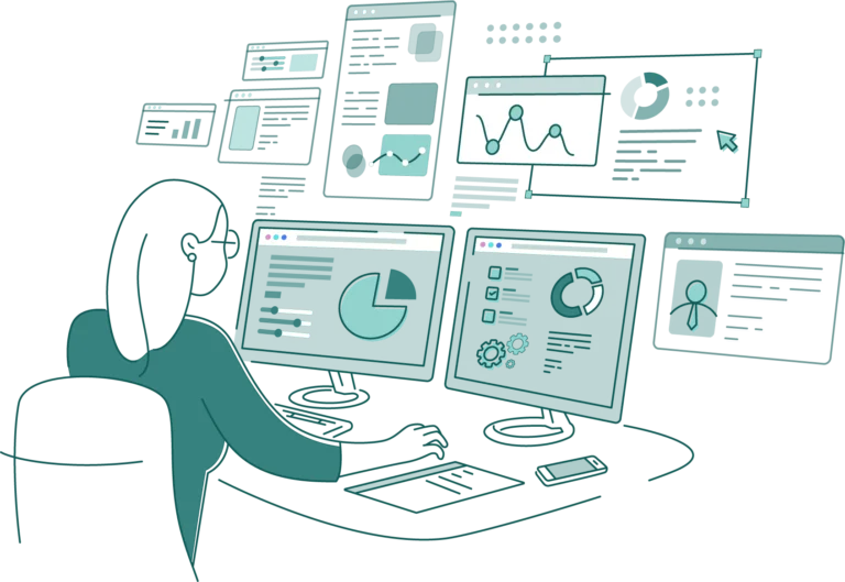 Web Design Bristol - woman sitting in a chair at a desk, designing on a computer with multiple displays